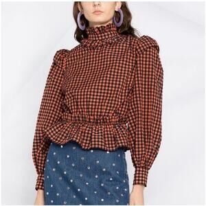 GANNI Ruffled Gingham Seersucker Blouse Orange Keyhole Back Long Sleeve  S